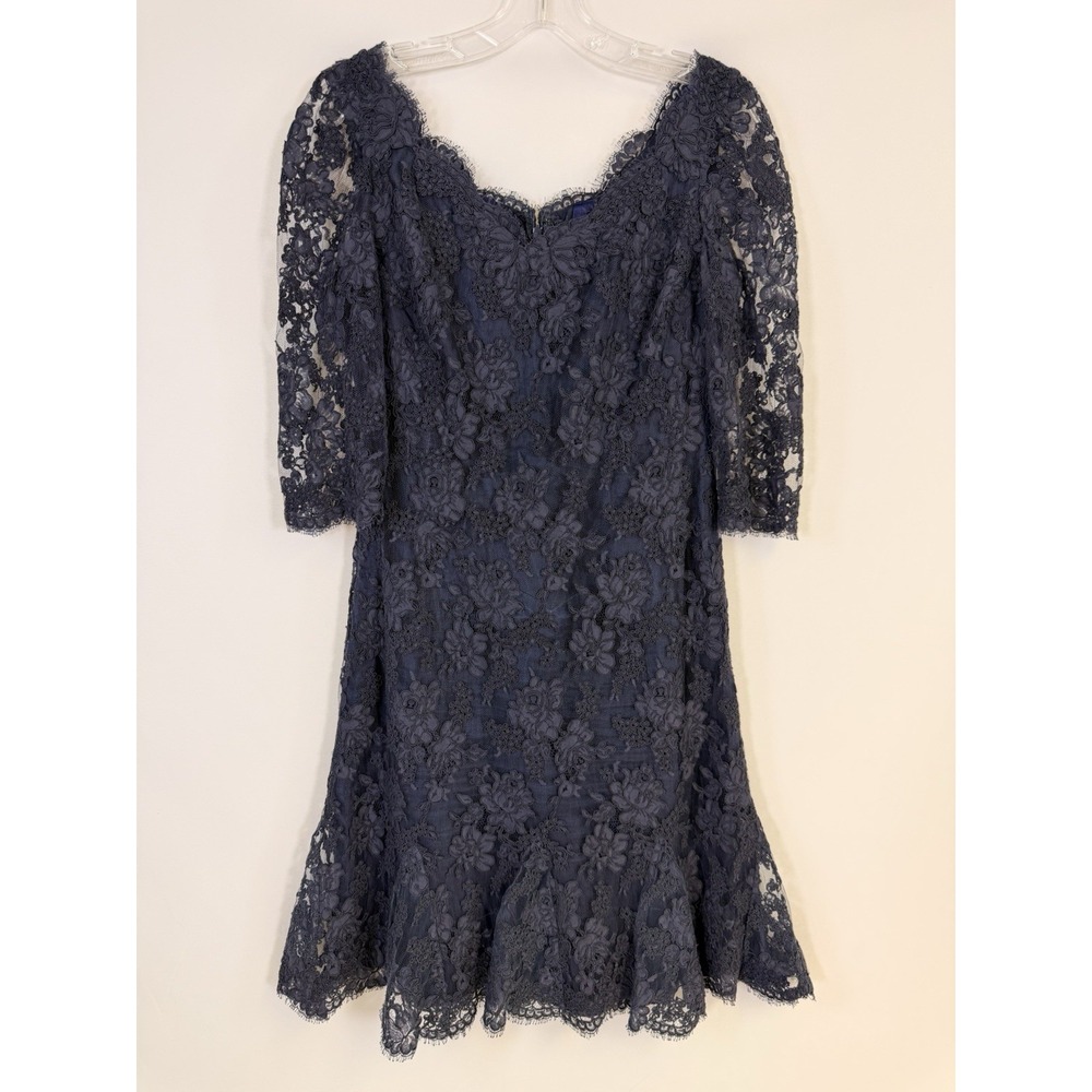 Lourdes Chavez Dress Sz 10 Navy Blue Lace 3/4 Sleeve Midi Formal Couture Silk US